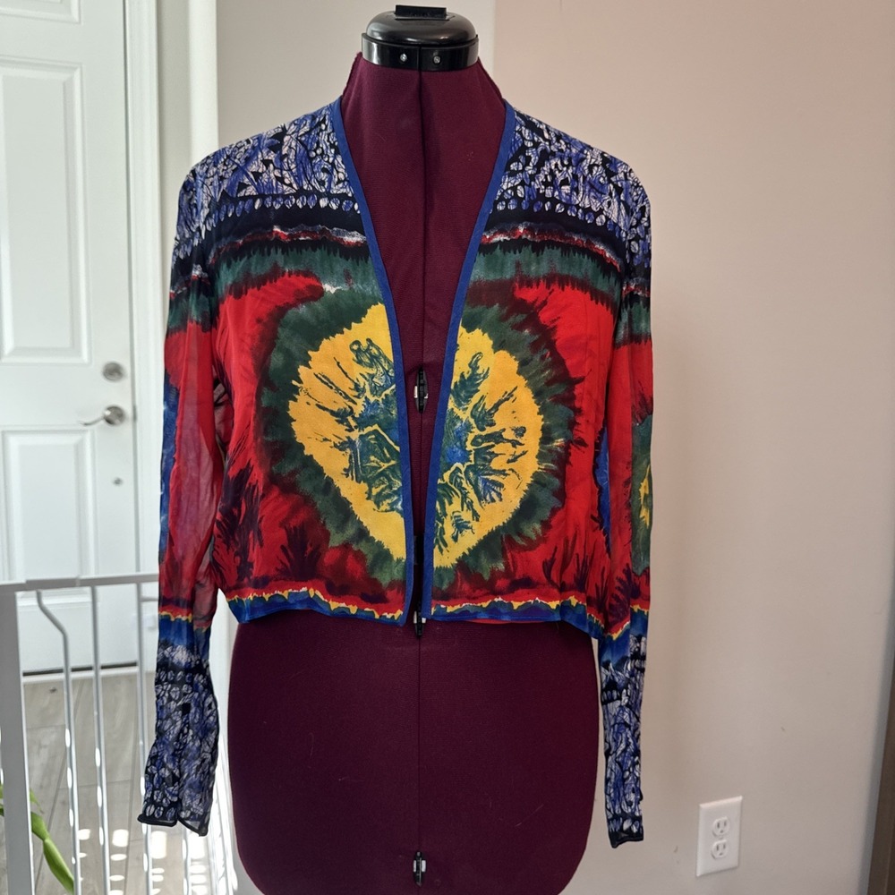 Dorothy Schoelen womens S Open Front‎ Cropped Blazer Jacket Red Blue Artsy Boho